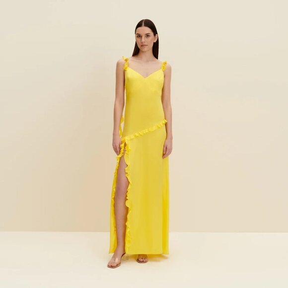 JAAF Ruffled Silk Maxi Dress in Lemon Yellow - Picture 2 of 5